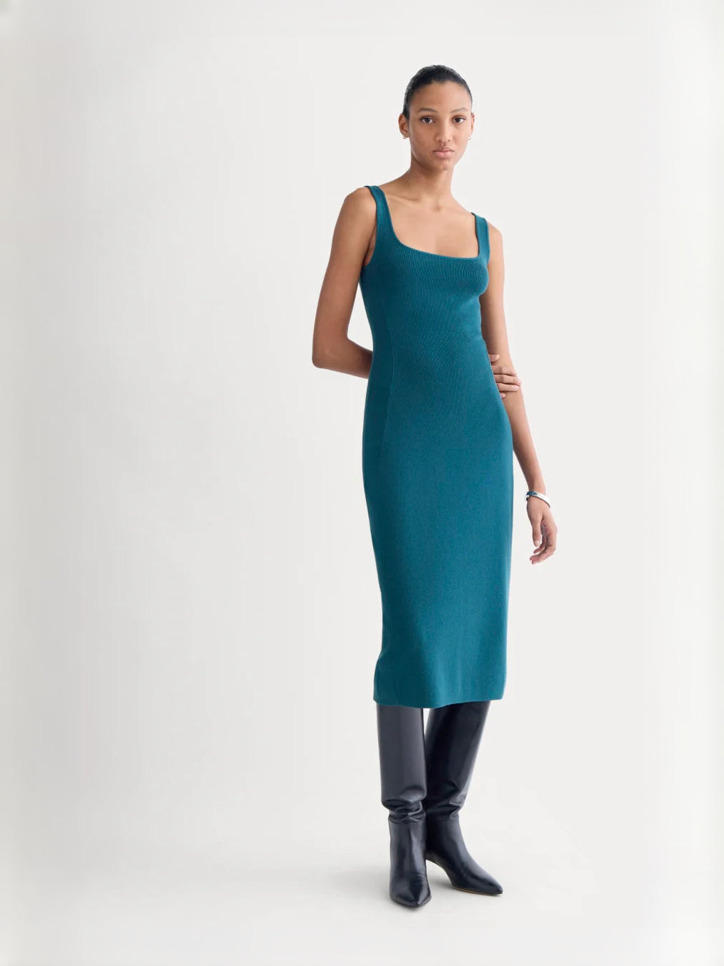 Teal knit square-neck midi formal dress, sleeveless front view