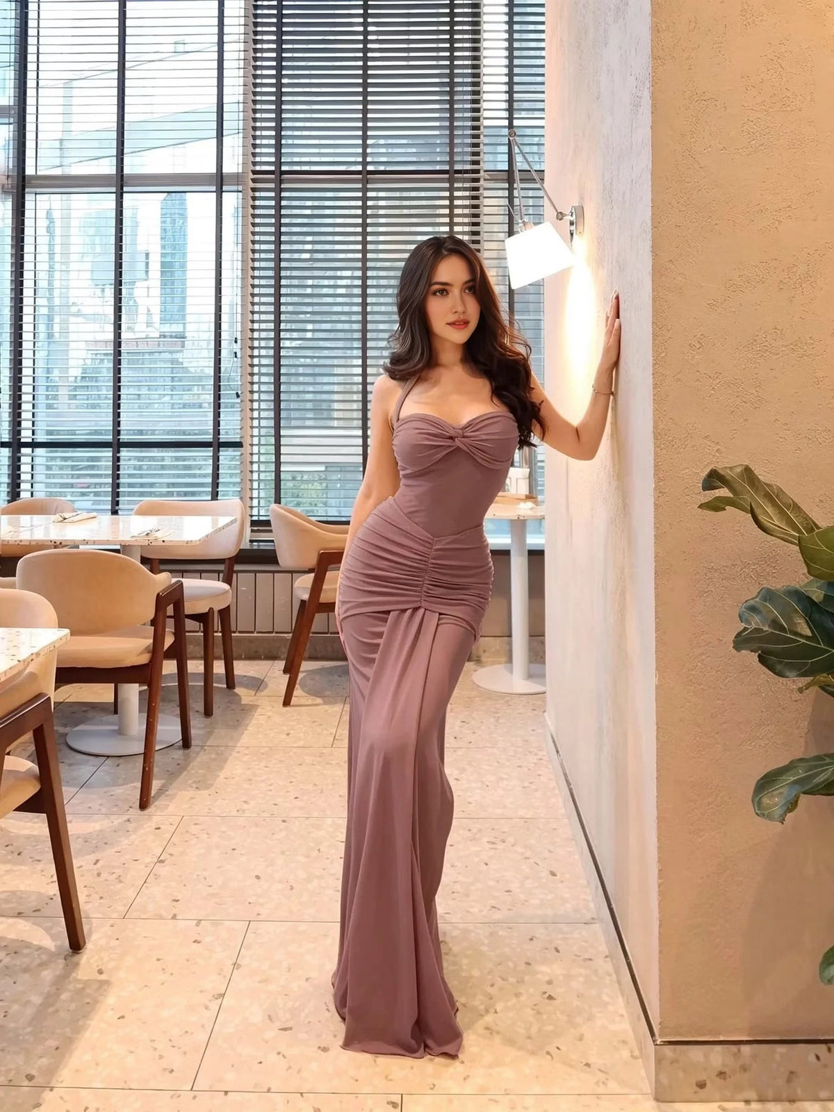 Blush pink ruched sweetheart neckline draped sheath prom dress, floor-length