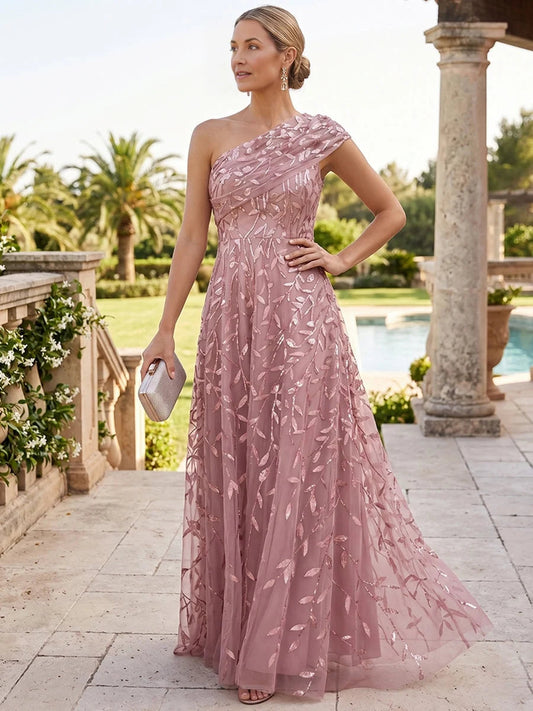 Dusty rose one-shoulder maxi dress with draped bodice and embroidered A-line tulle skirt