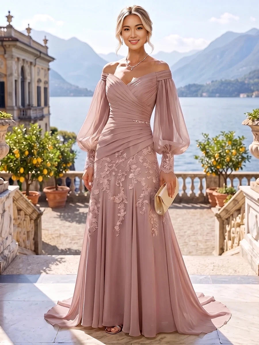 Dusty rose ruched V-neck mermaid dress with sheer off-shoulder sleeves and floral lace