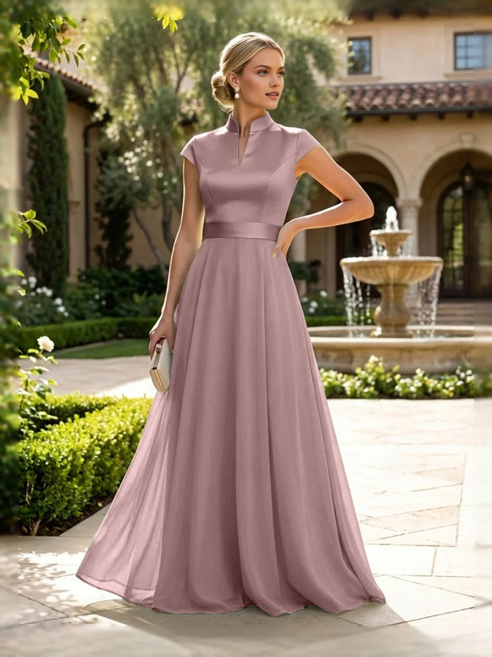 Dusty rose satin A-line dress with sleeveless high neck and floor length