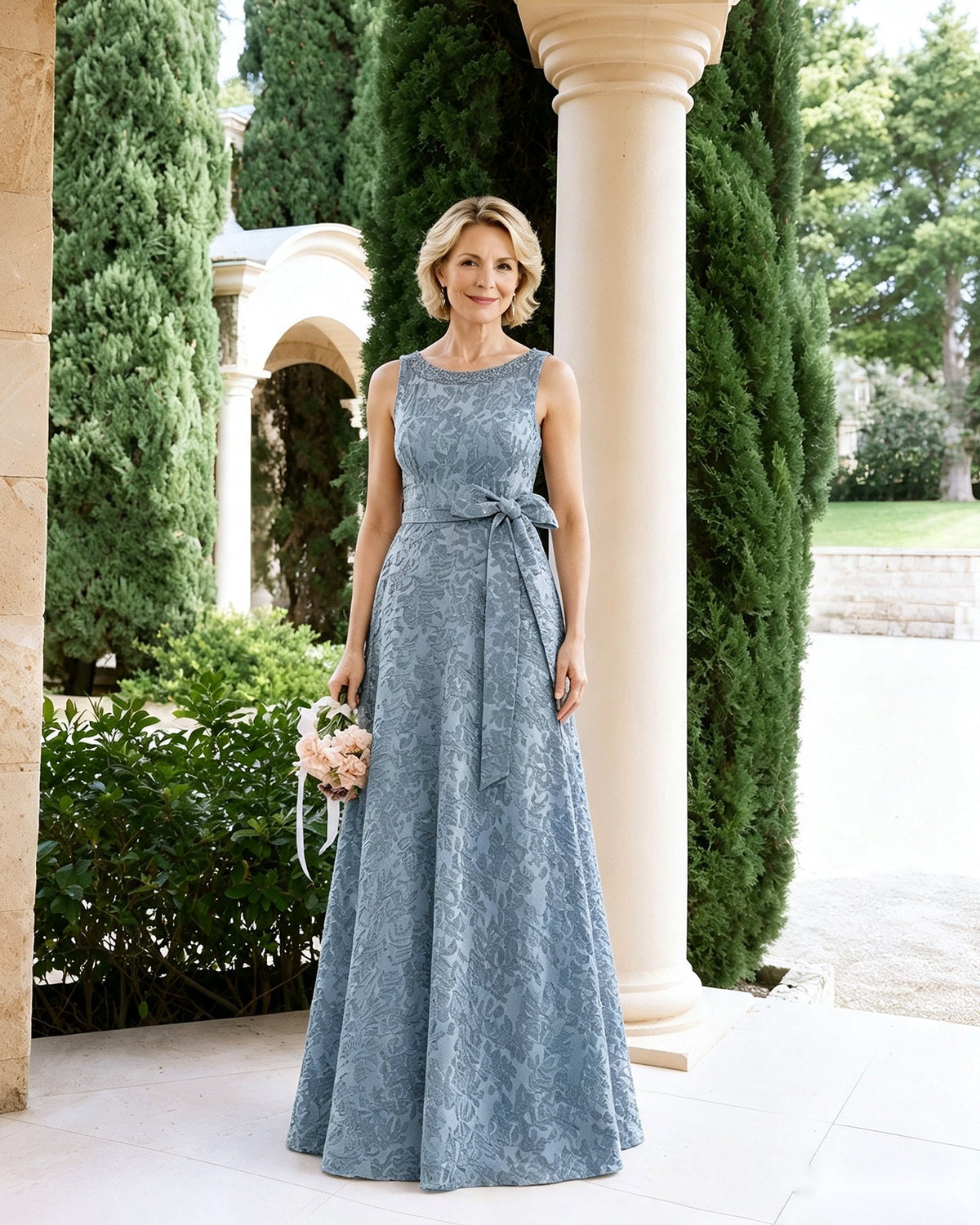 Sleeveless lace A-line mother-of-the-bride dress with tie sash bow, dusty blue-gray.