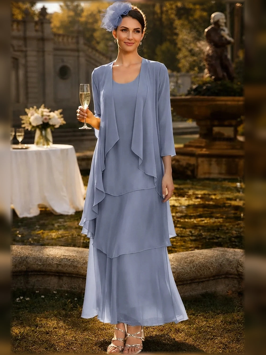 Slate blue tiered chiffon A-line maxi dress with scoop neck, layered ruffles, 3/4 sleeves