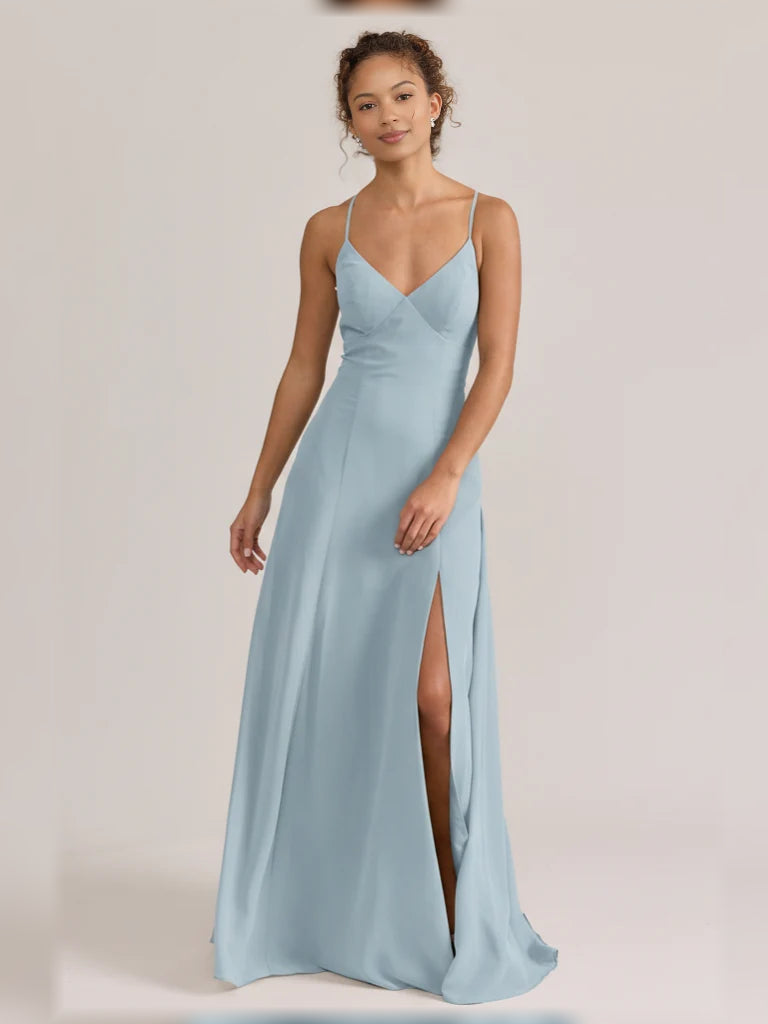 Slate blue V-neck A-line maxi chiffon bridesmaid dress with spaghetti straps and front slit.