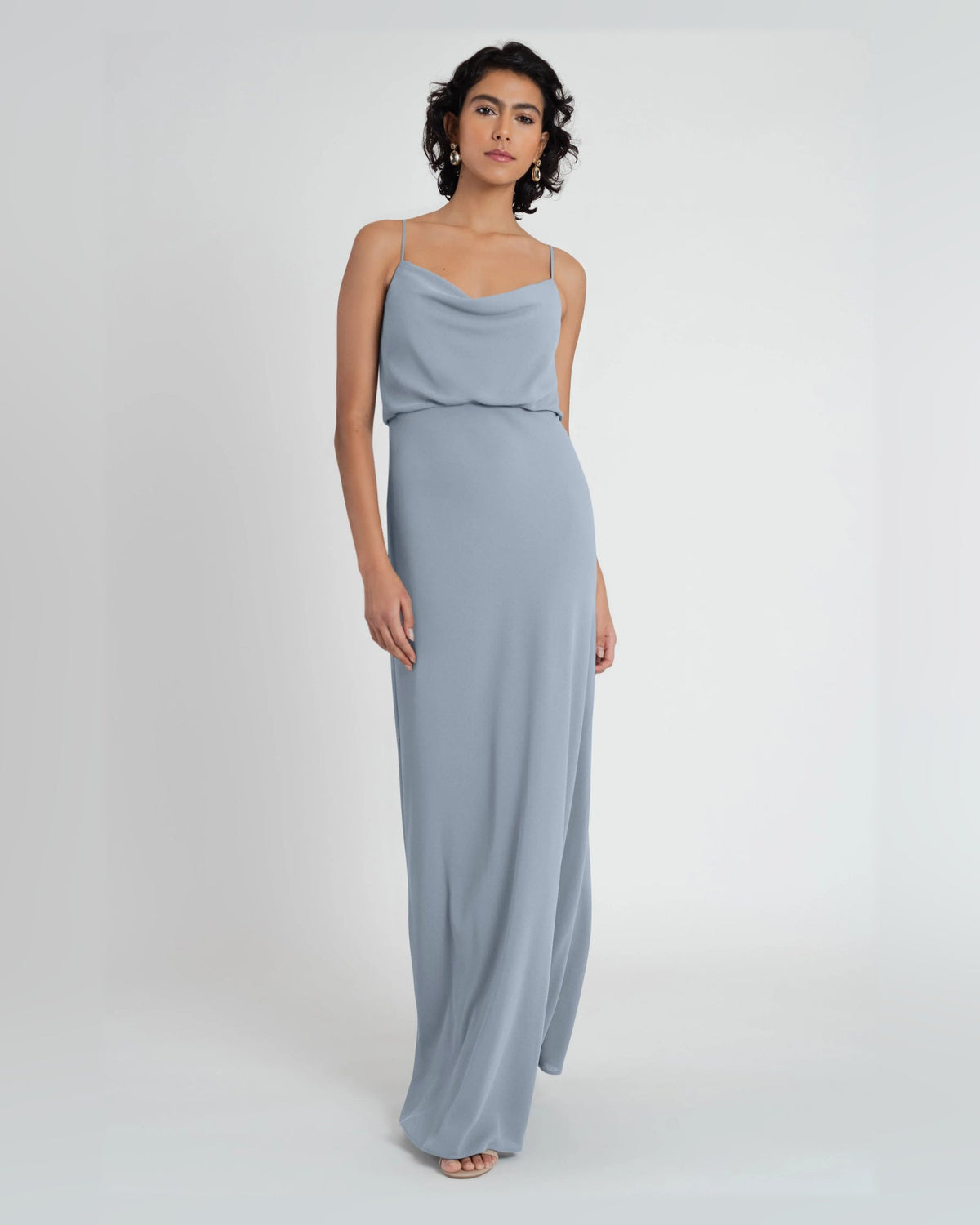 Blue draped cowl-neck A-line floor-length dress with spaghetti straps