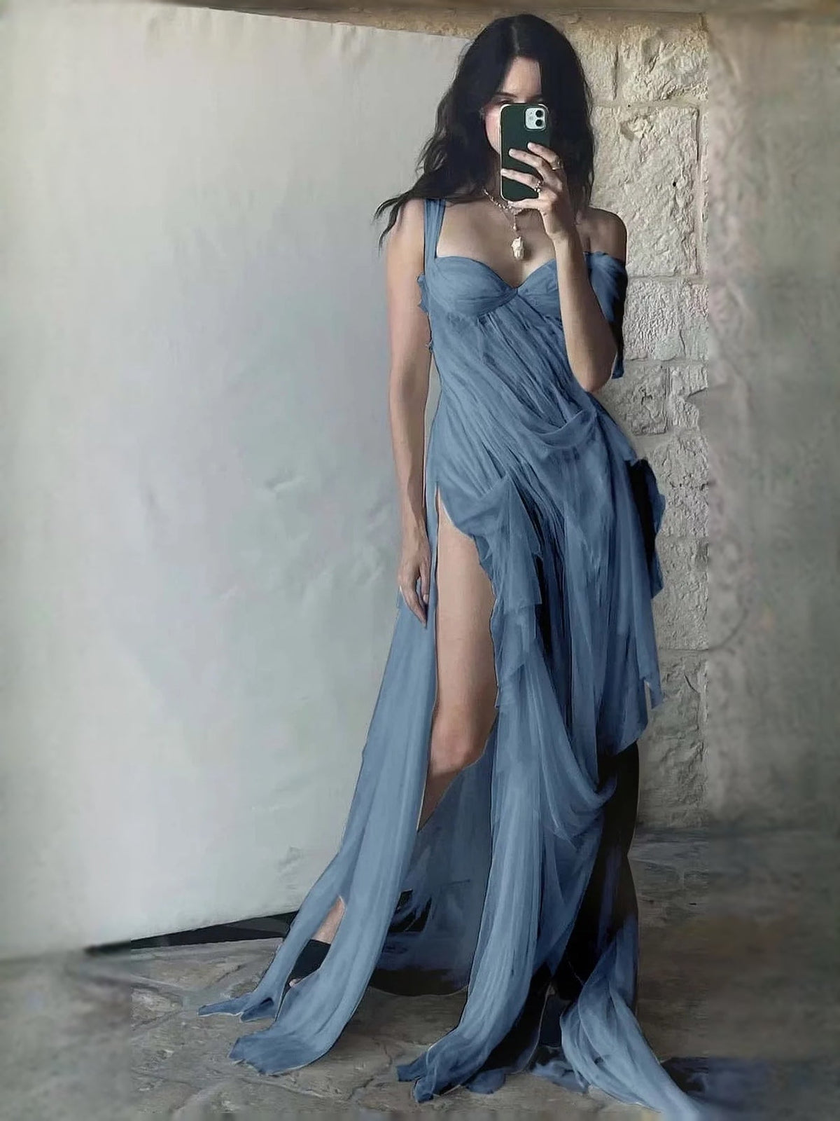Slate blue sweetheart draped maxi prom dress with layered skirt and high slit