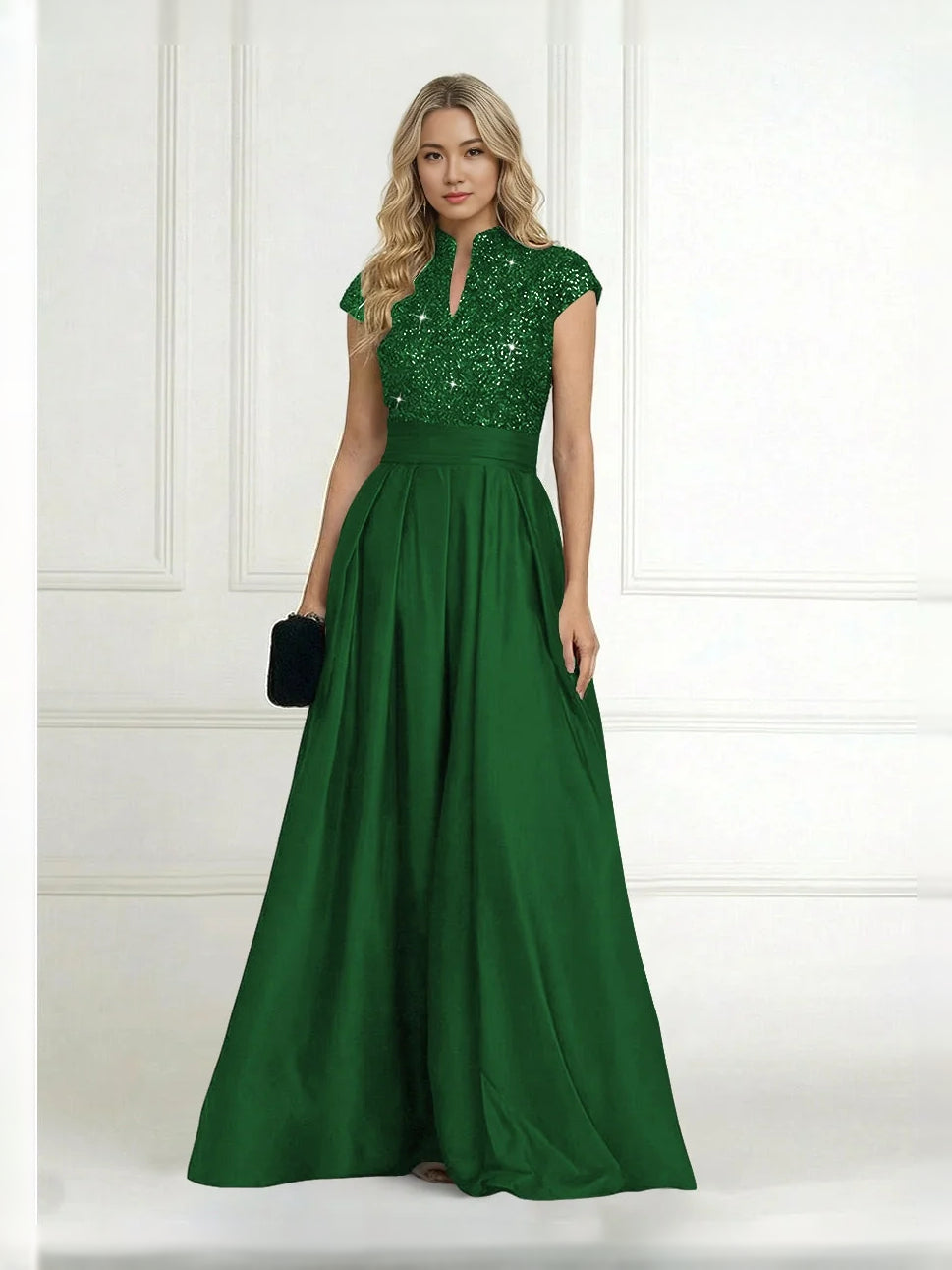 Emerald green sequin bodice A-line satin dress with high neck and pleated skirt