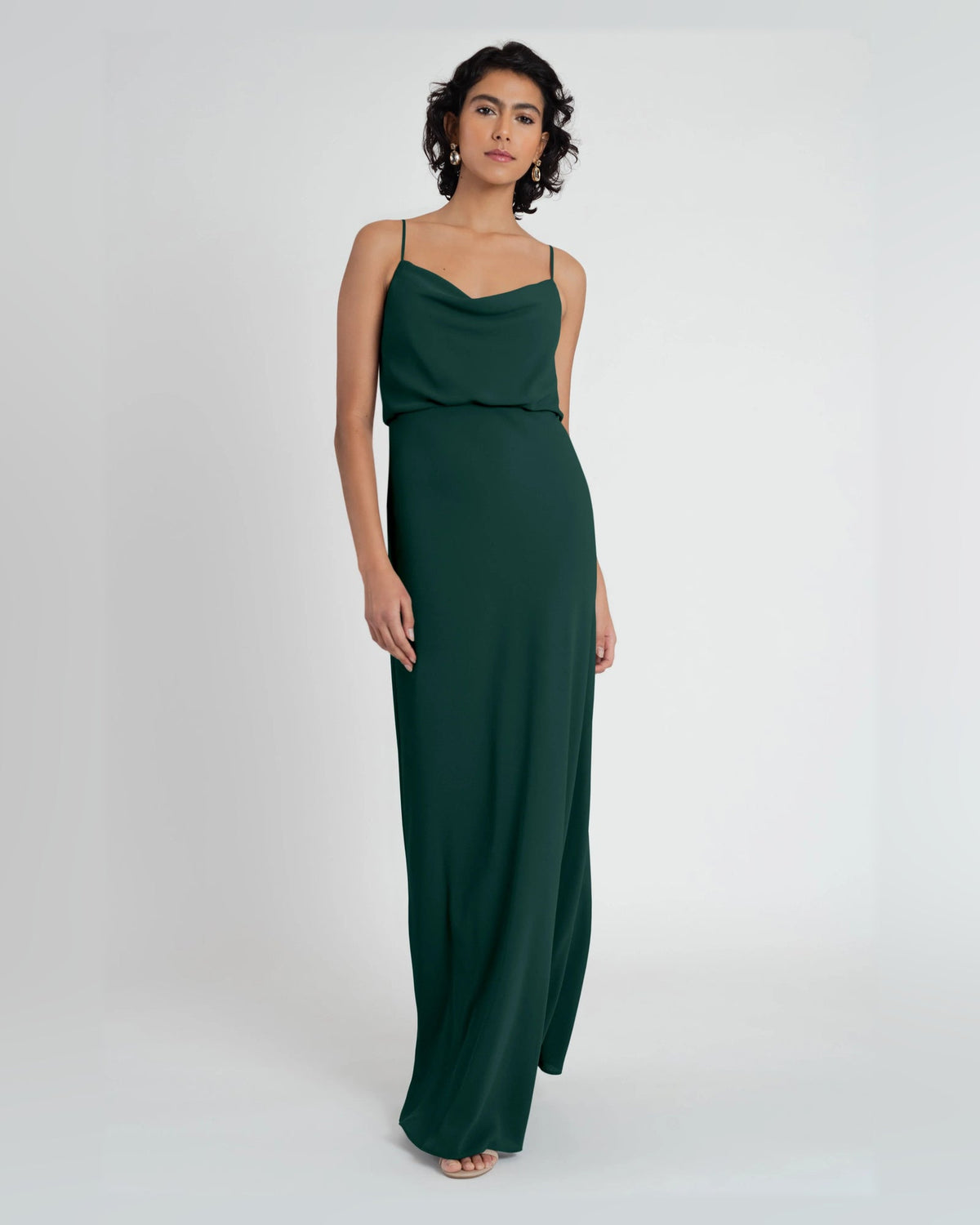 Emerald green draped cowl-neck A-line floor-length dress with spaghetti straps