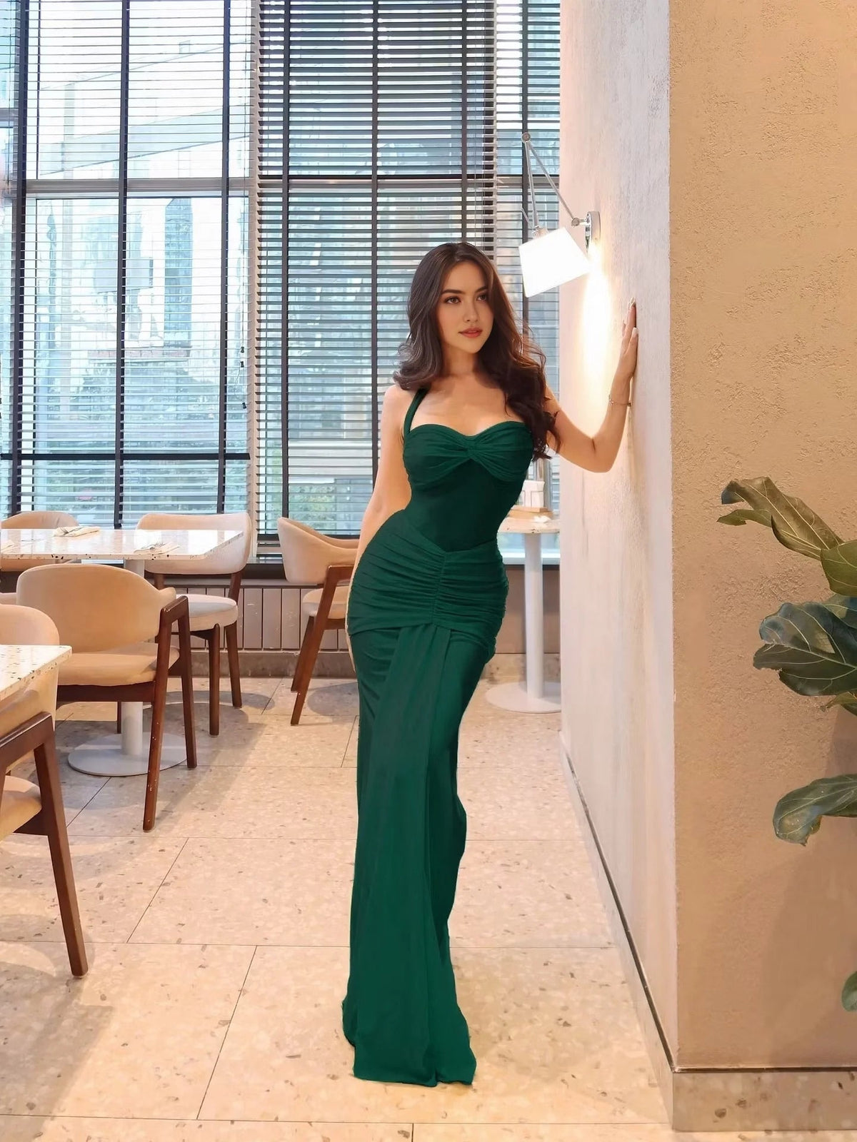 Dark green ruched sweetheart neckline draped sheath prom dress, floor-length