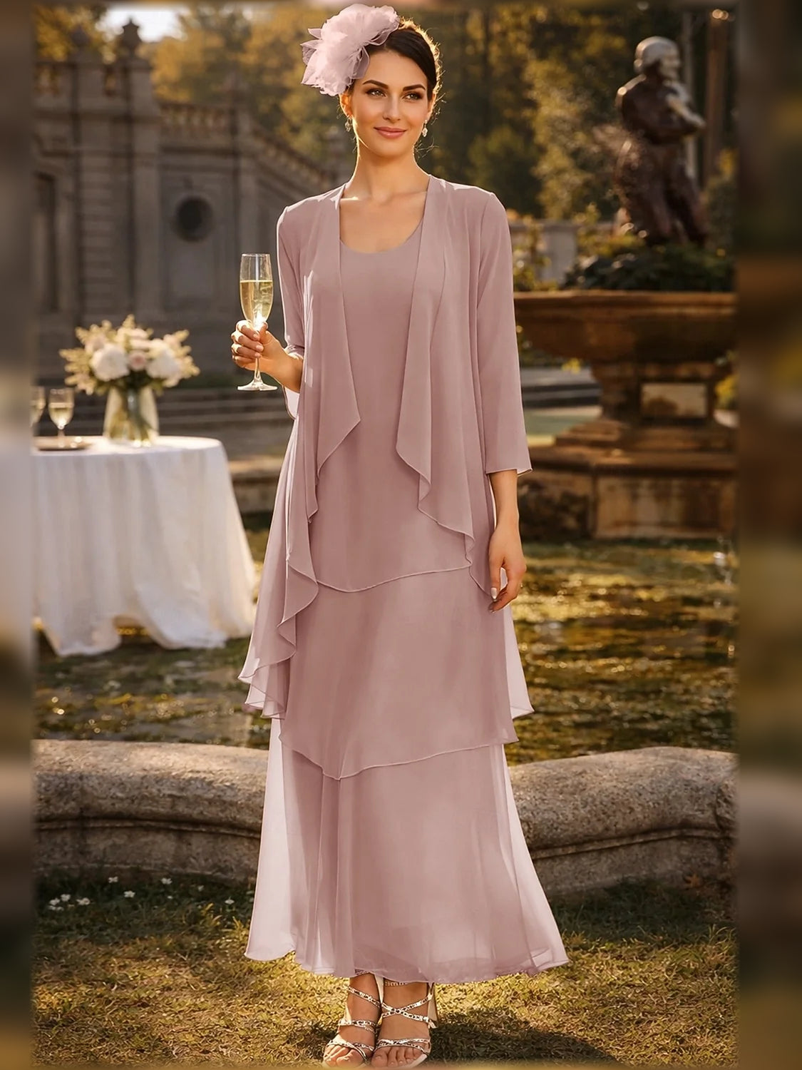 Dusty rose tiered chiffon A-line maxi dress with scoop neck, layered ruffles, 3/4 sleeves
