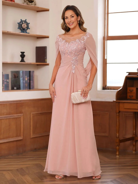 Dusty rose chiffon maxi dress with sweetheart neckline and floral beaded drape bodice