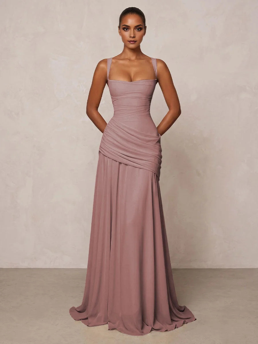 Dusty rose ruched chiffon prom dress with square neck and draped A-line skirt