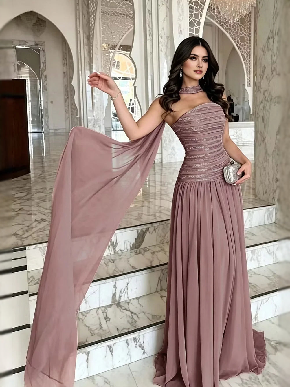 One-shoulder A-line prom dress in mauve pink with pleated bodice and flowing side drape