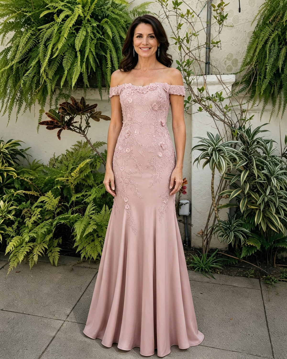 Dusty rose off-shoulder lace mermaid mother-of-the-bride dress with scalloped neckline