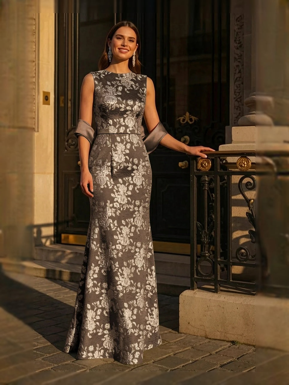 Chocolate floral scoop neck sleeveless mermaid floor-length dress with fitted hem