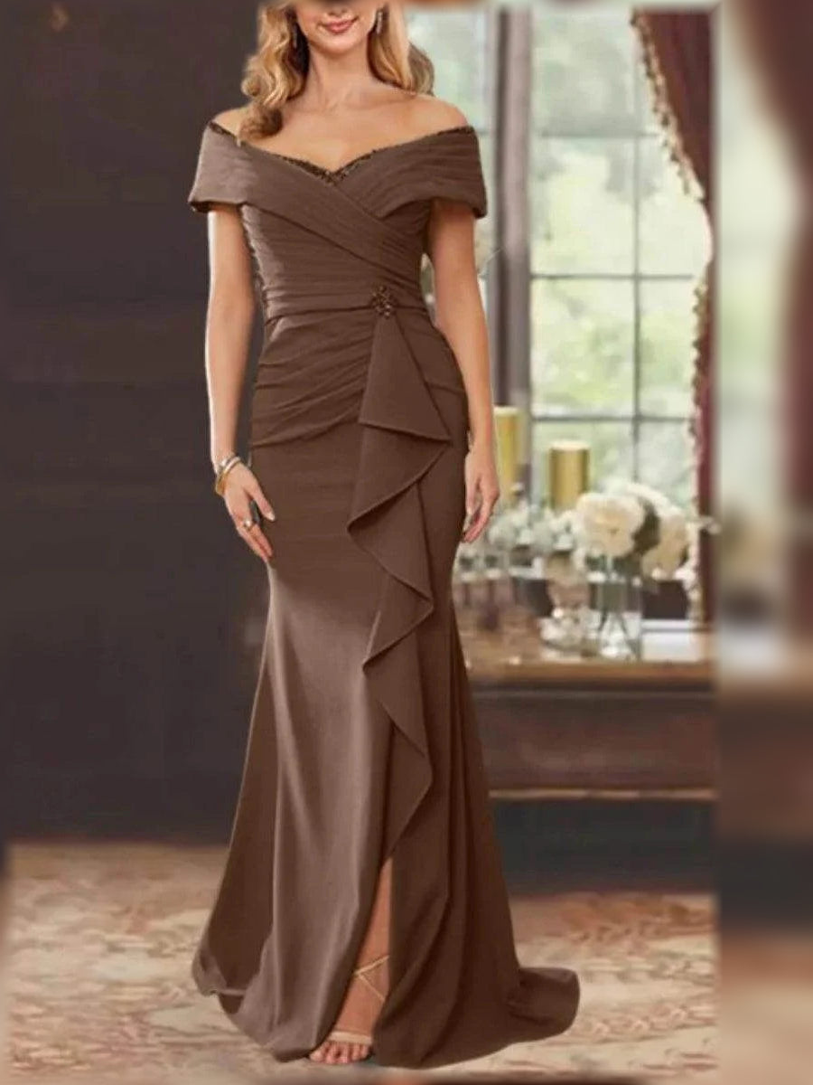Chocolate brown off-shoulder mermaid gown with ruched bodice and layered ruffle drape
