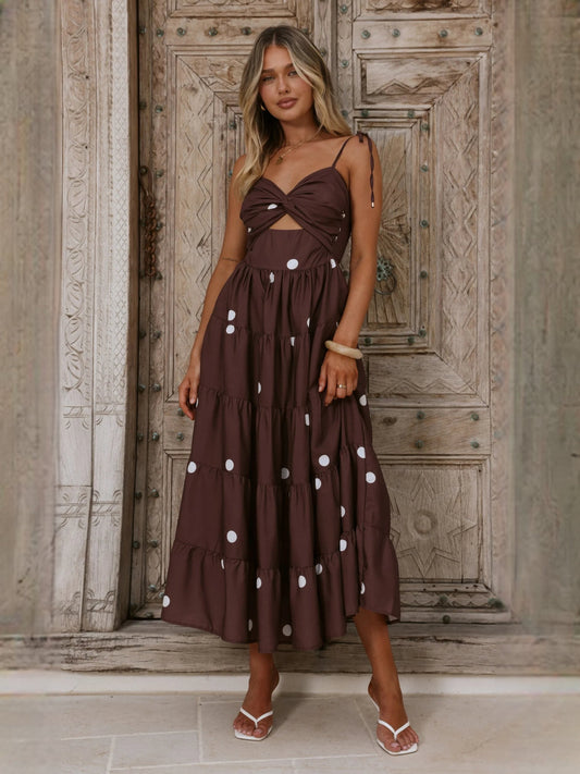 Chocolate midi formal dress with knotted bodice, spaghetti straps, tiered skirt with white polka dots