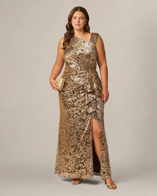 Chocolate-gold ornate maxi dress with spaghetti straps, ruffle accents, and front slit