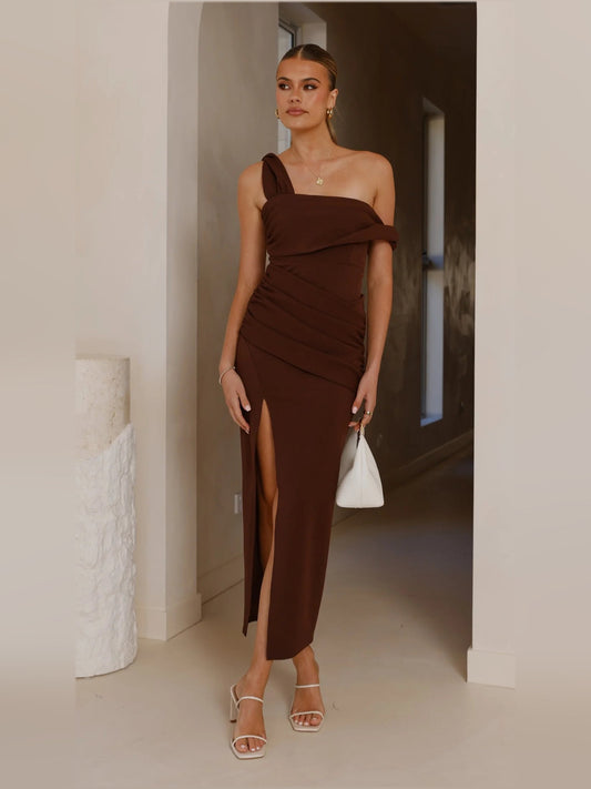 Brown draped off-shoulder slit sheath maxi dress with fitted waist and skirt