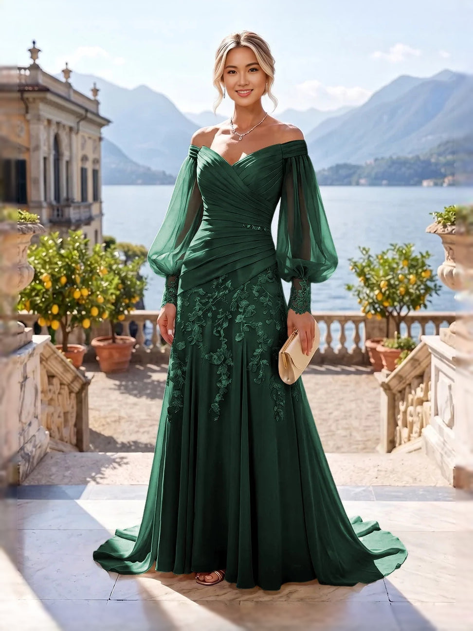 Dark green ruched off-shoulder mermaid gown with floral lace and sheer sleeves
