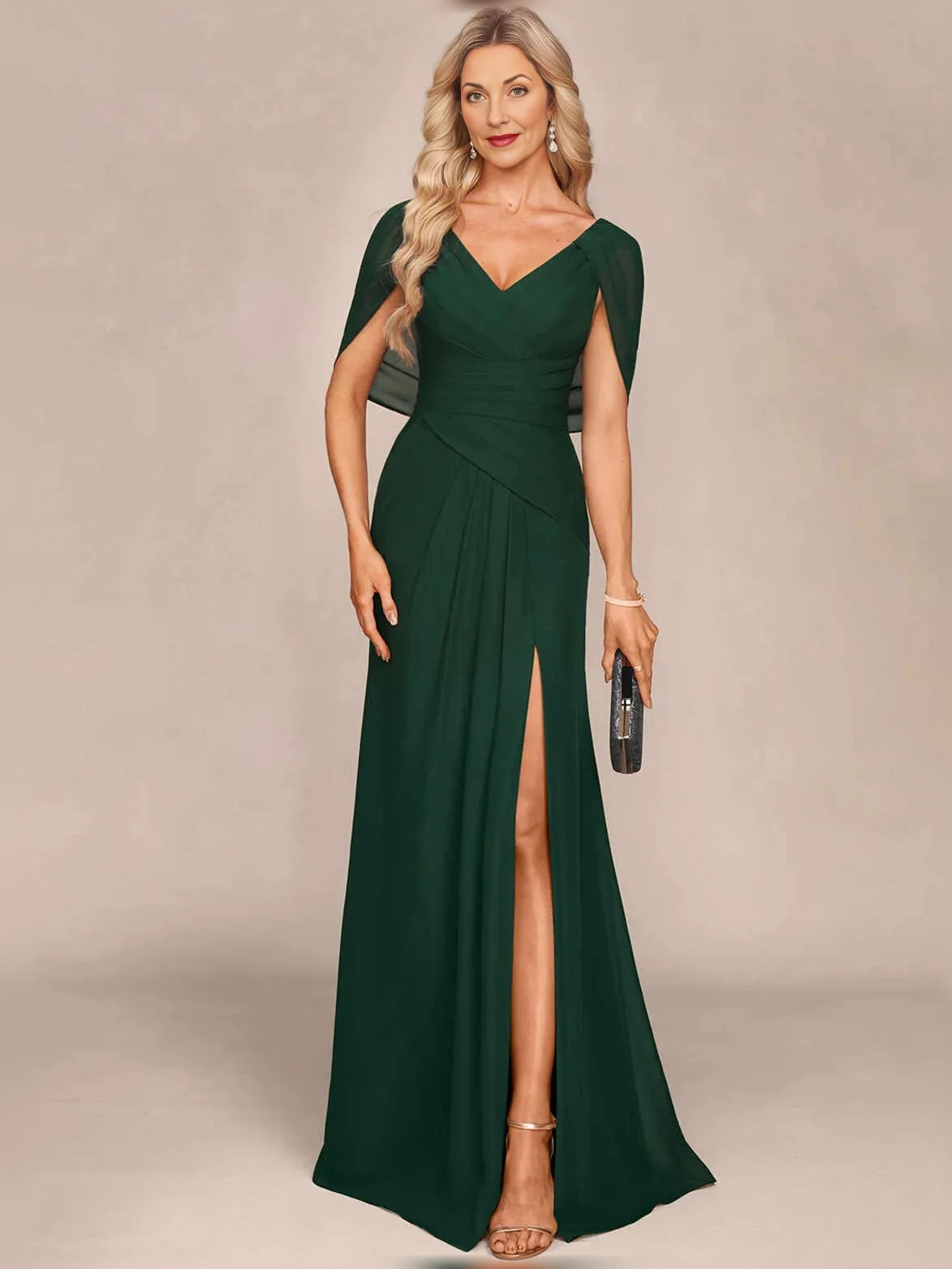 Women's dark green V-neck mermaid maxi gown with front slit and draped waist