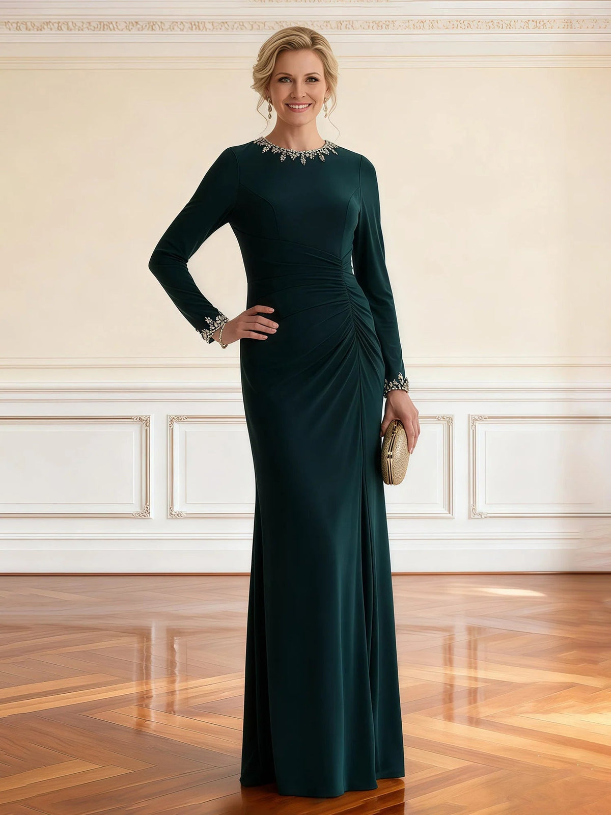Dark teal ruched sheath dress with beaded high neckline, long sleeves, front view