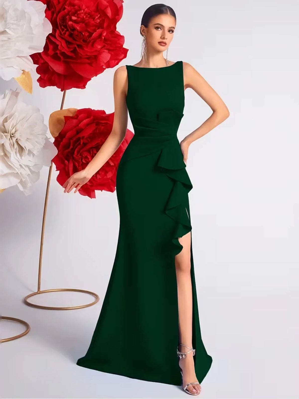 Dark green floor-length prom dress, round neck, backless, ruffled side slit