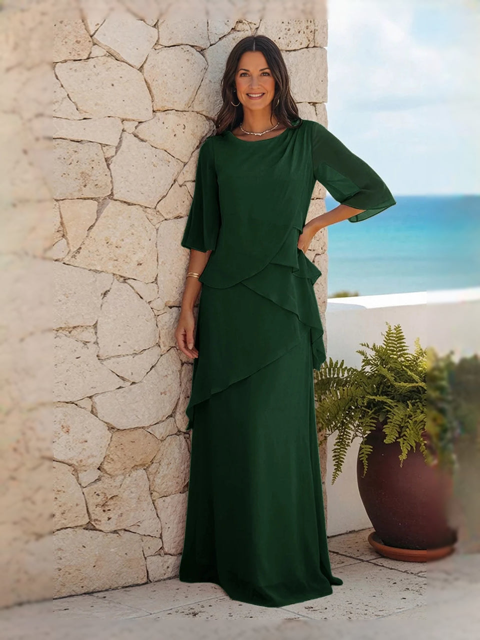 Layered ruffled A-line chiffon mother-of-the-bride dress, dark green, elbow-length sleeves