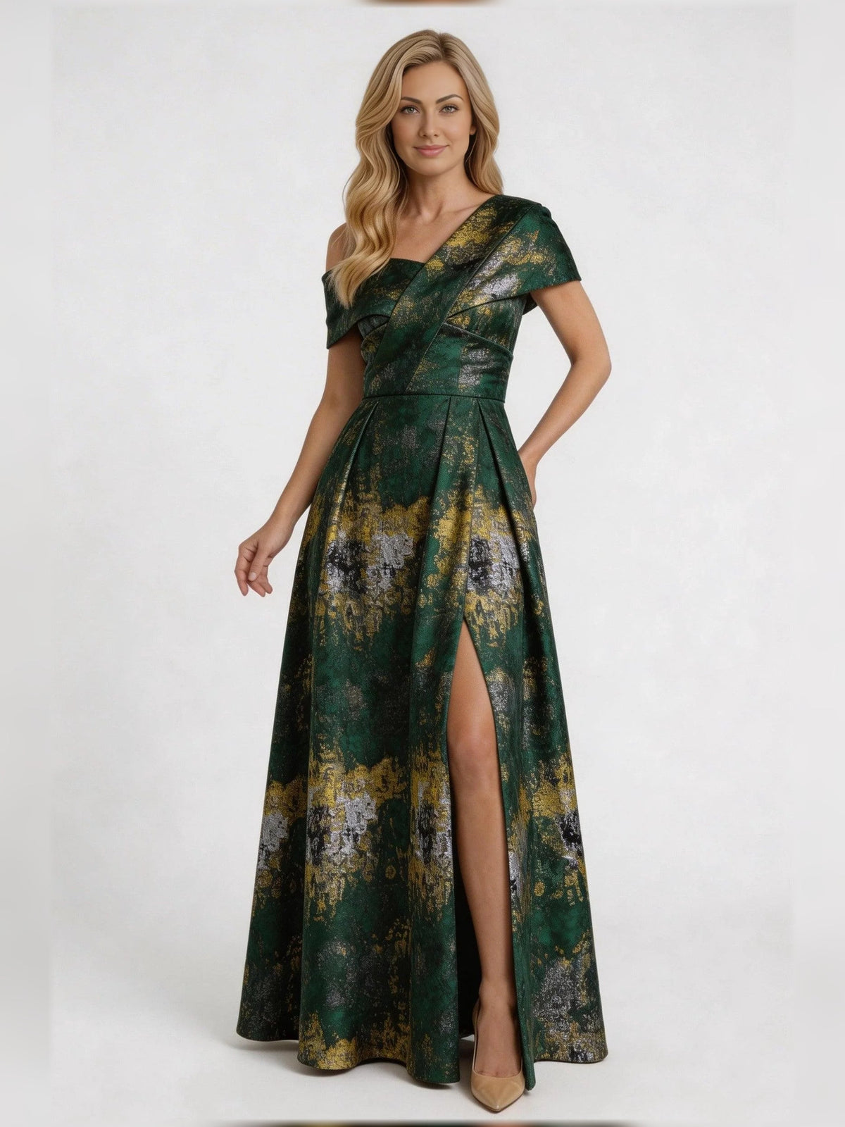 Green floral A-line mother-of-the-bride dress with asymmetrical V-neck and side slit