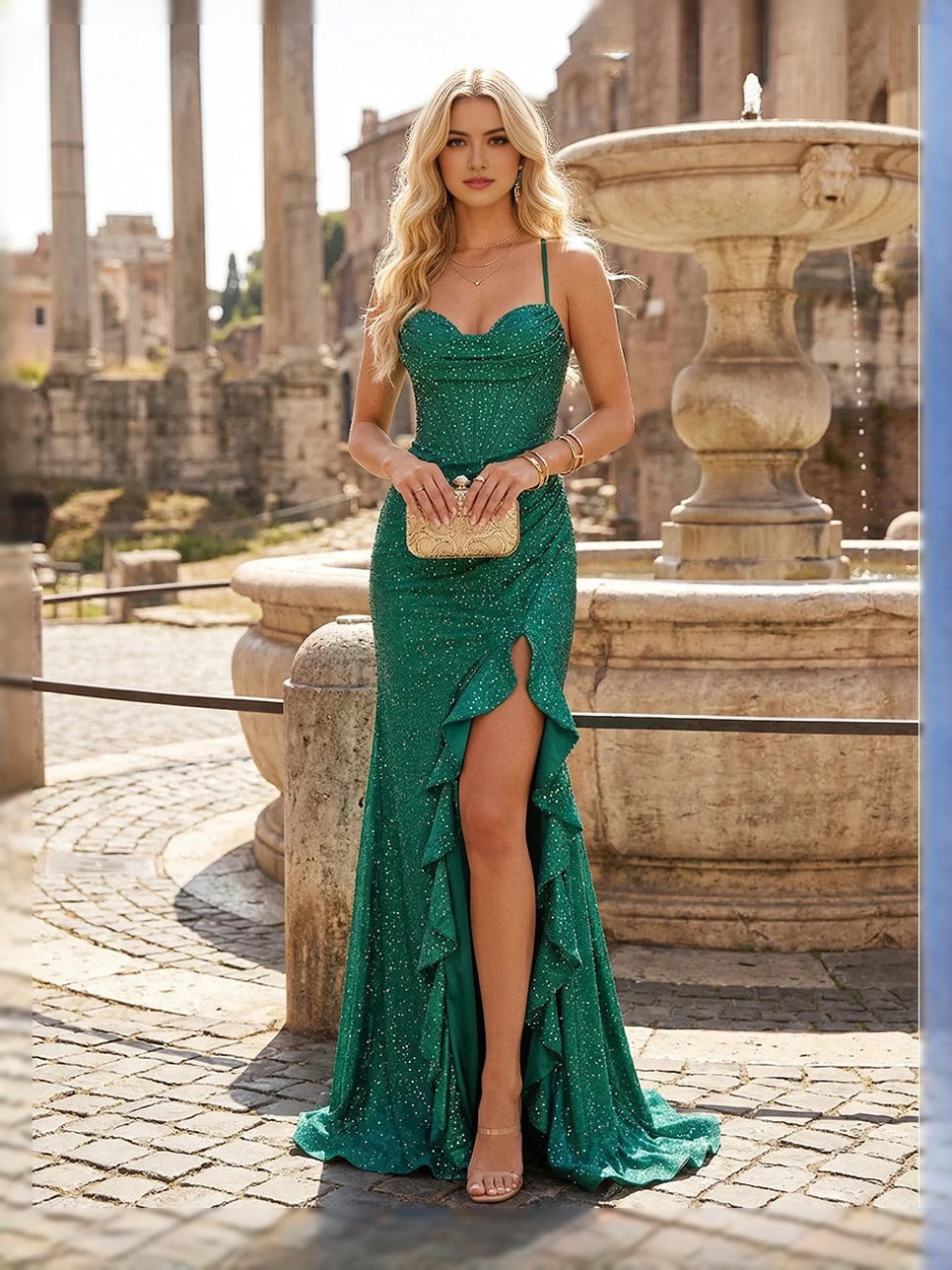 Jungle green glitter mermaid maxi prom dress with ruffled skirt and thigh-high slit.