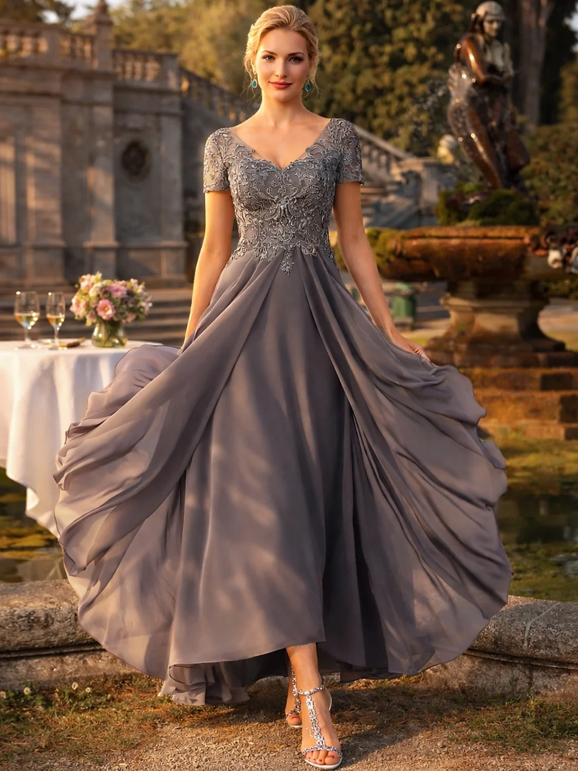 Dusk mauve embroidered V-neck A-line dress with beaded floral detail and layered skirt