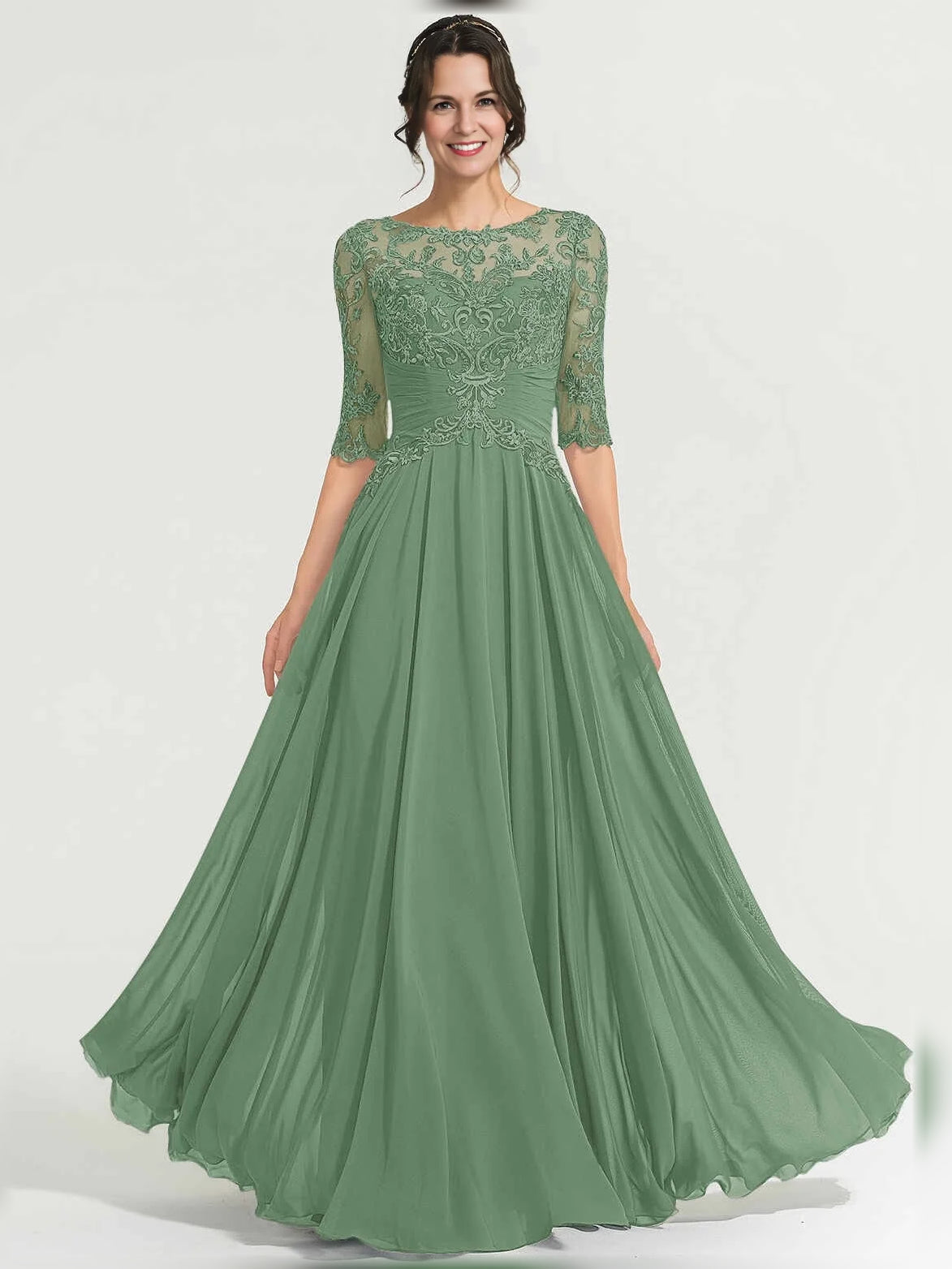 Eucalyptus green floral lace illusion-neck A-line maxi chiffon dress with 3/4 sleeves
