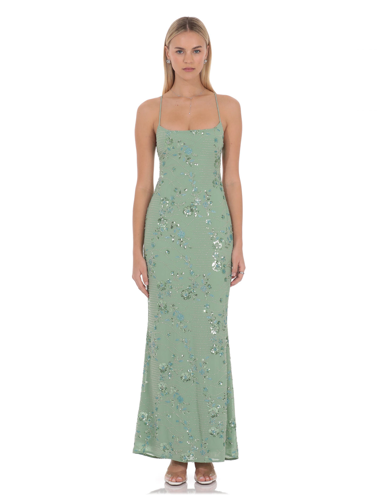 Green A-line maxi bridesmaid dress with spaghetti straps and sequin floral embroidery