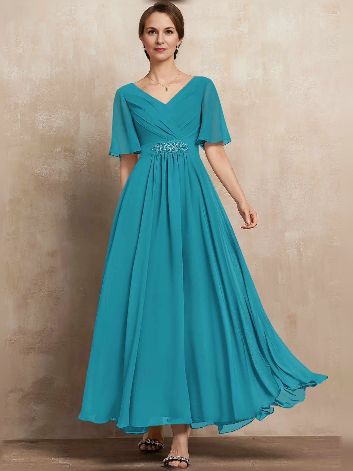 Pleated beaded V-neck A-line maxi chiffon dress, teal