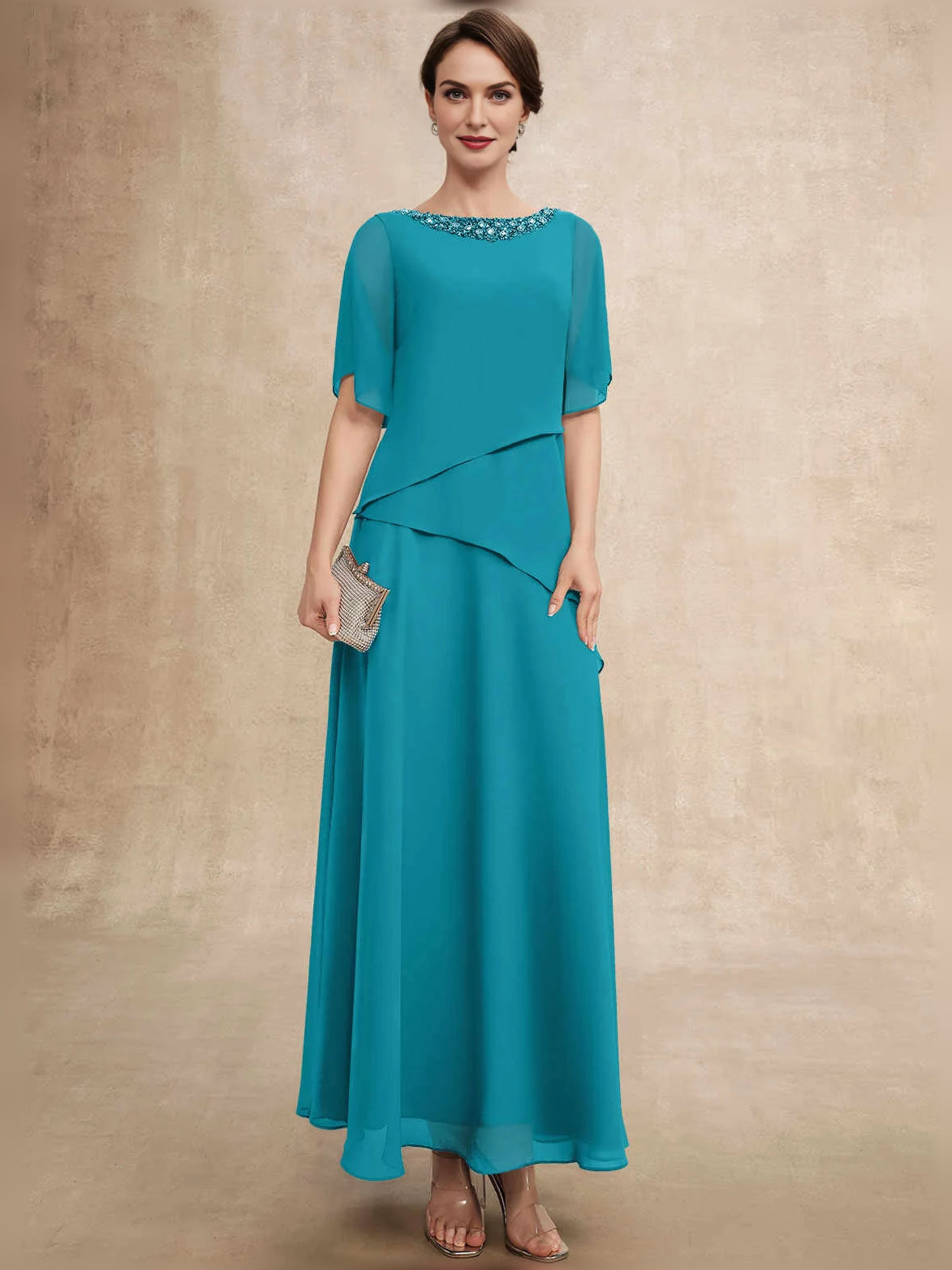 Jungle green chiffon mother-of-the-bride dress with beaded boat neckline and layered drape