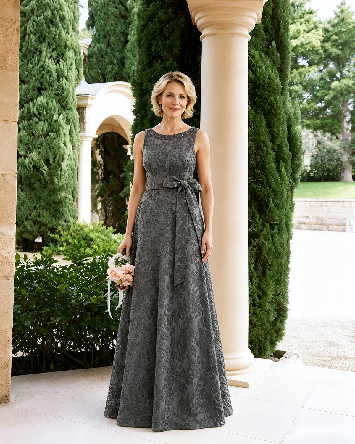 Sleeveless lace A-line mother-of-the-bride dress with tie sash bow, dark gray.