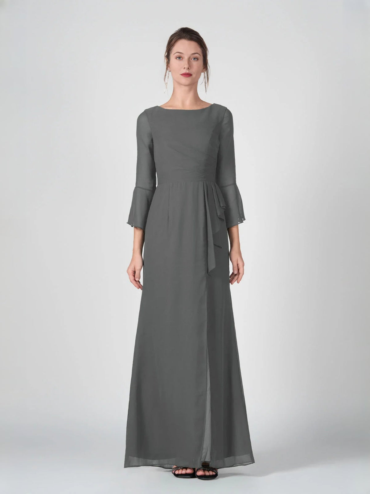 Gray chiffon sheath dress with boat neck, ruched waist and side slit