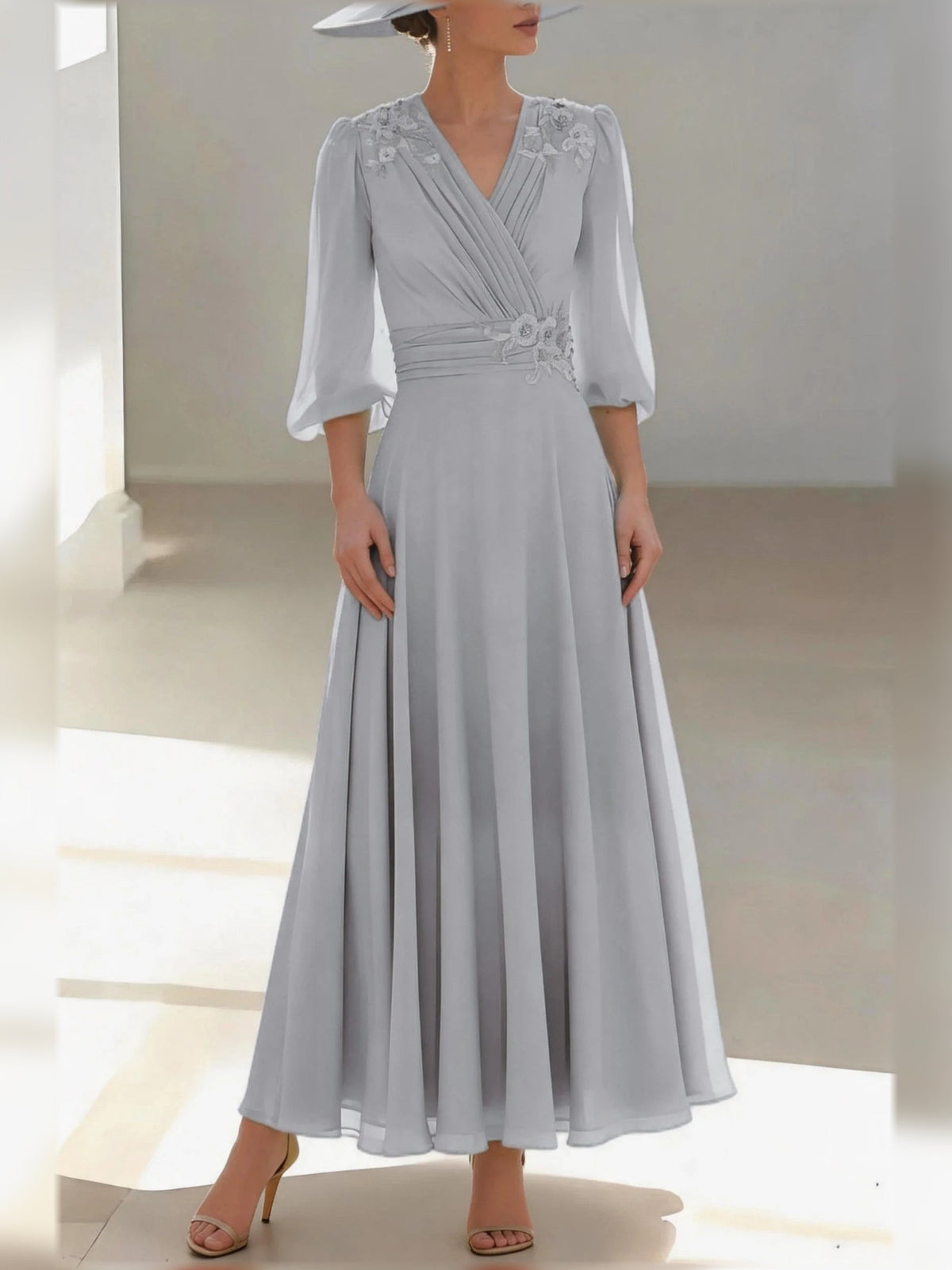 Light gray chiffon V-neck A-line floor-length dress with floral applique