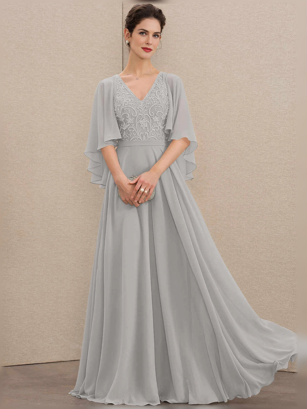 Embroidered V-neck A-line chiffon dress, floor-length, light gray, flutter sleeves