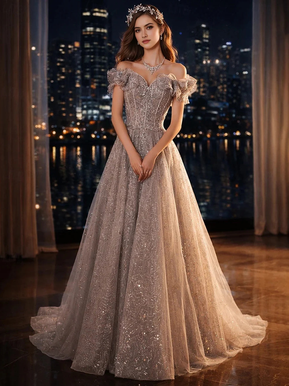 Light gray corset prom dress with off-shoulder ruffled sleeves and glittery A-line tulle