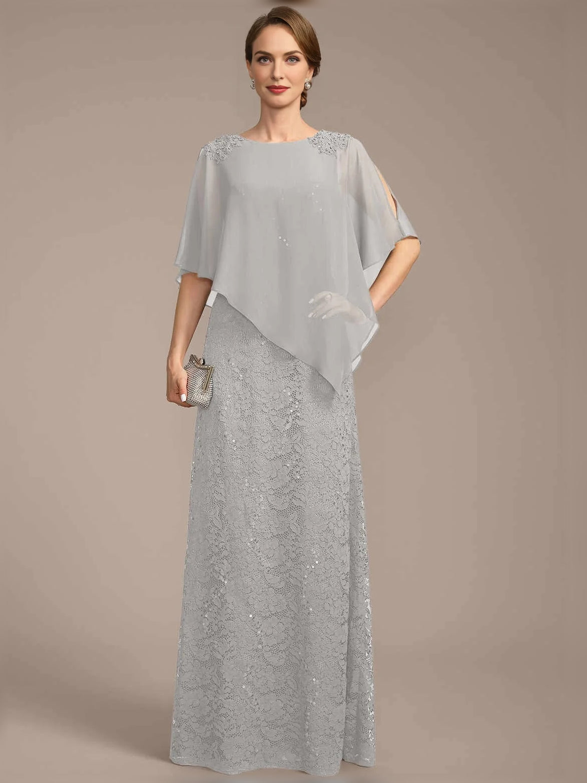 Light gray sequin sheath dress with bateau neckline and chiffon drape overlay