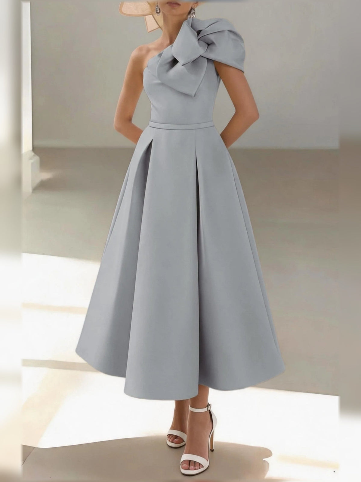 One-shoulder satin midi dress with pleated drape bodice and A-line skirt in light blue-gray