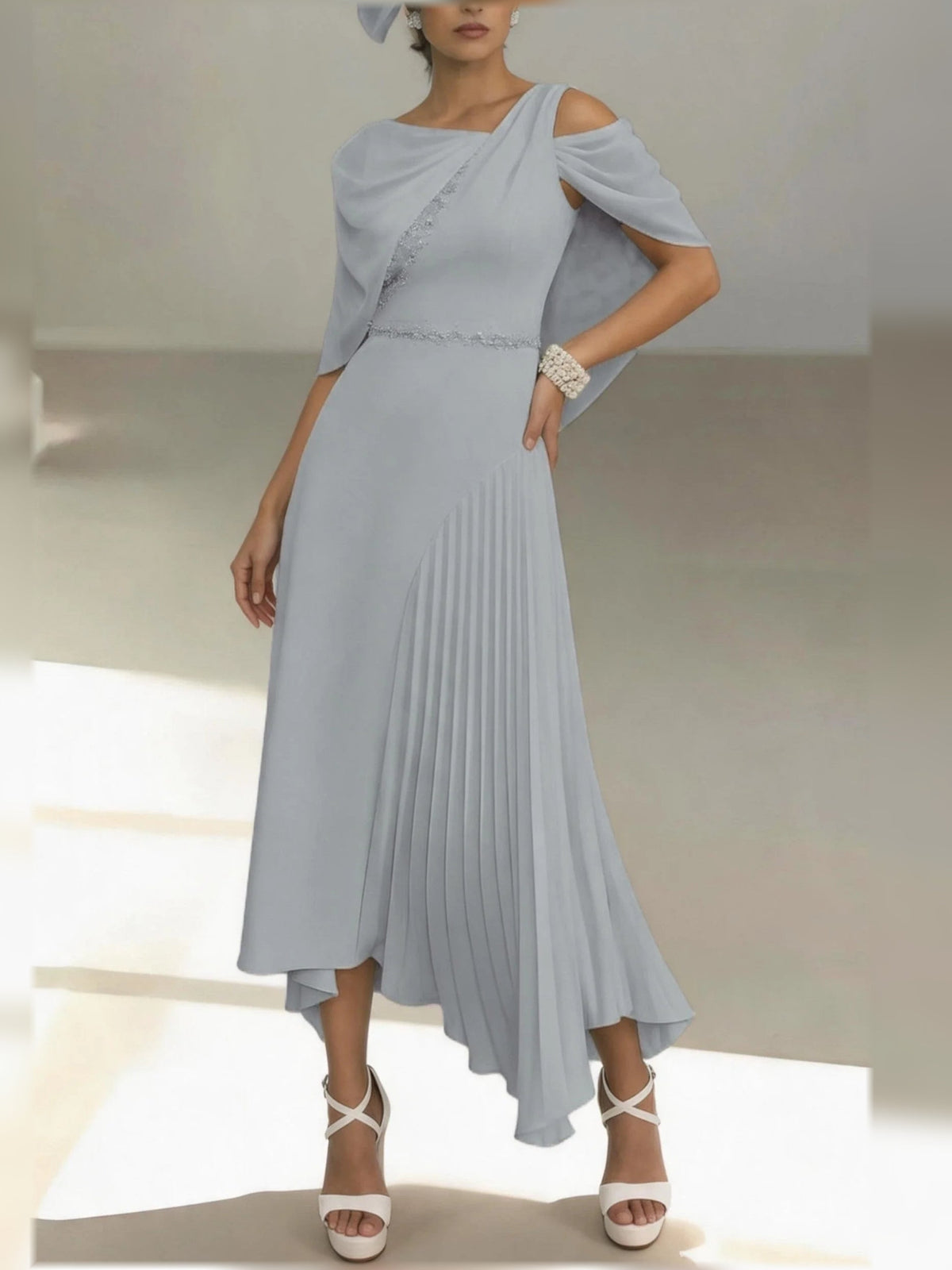 Light gray one-shoulder pleated midi chiffon dress with draped shoulder