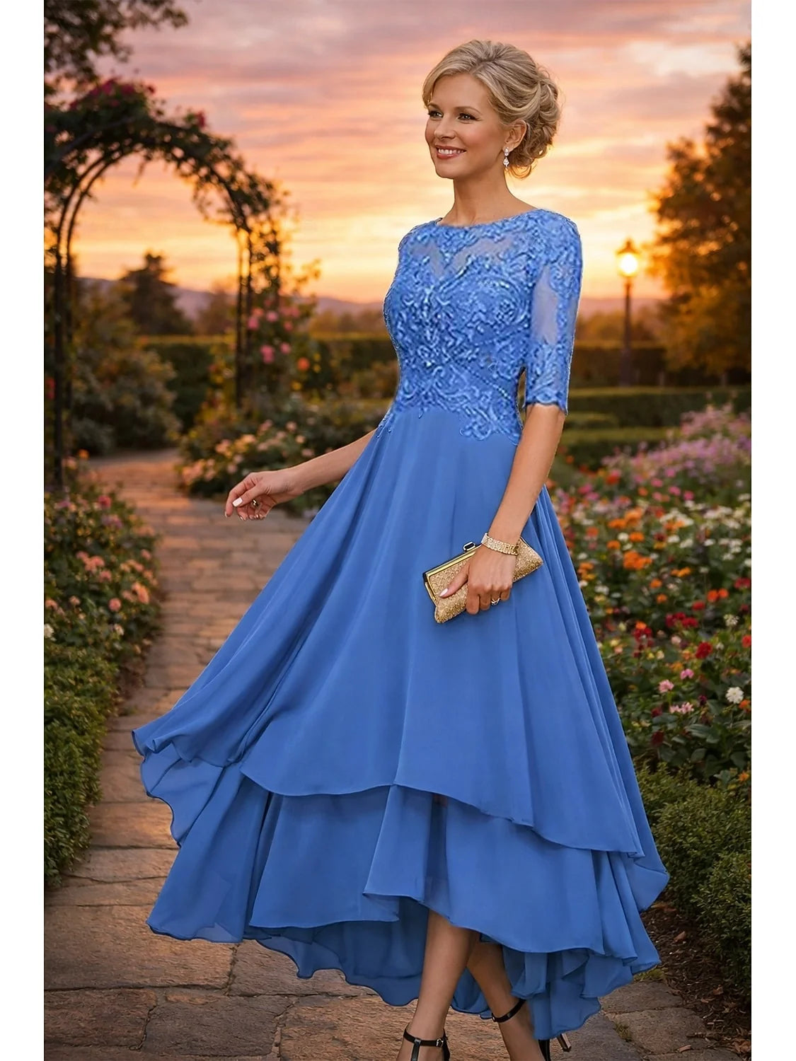 Floral embroidered chiffon A-line high-low dress, cobalt blue, lace bodice, tiered hem