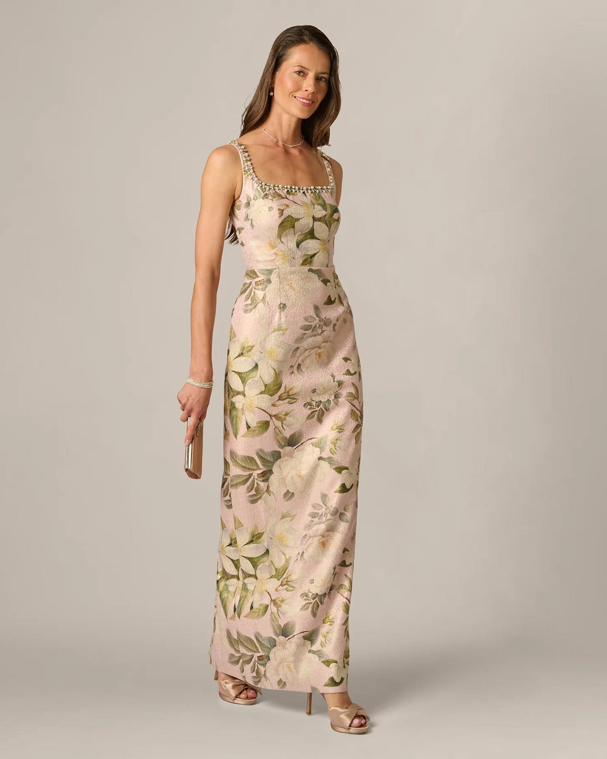 Blush floral print maxi dress with square neck and embellished straps
