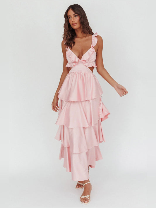 Pink tiered ruffle maxi formal dress with V-neck and ruffled shoulder straps