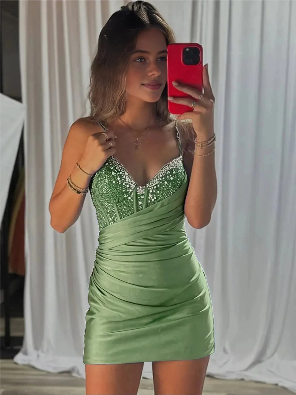 Ruched satin mini sheath dress, corset V-neck bodice, sleeveless, eucalyptus green