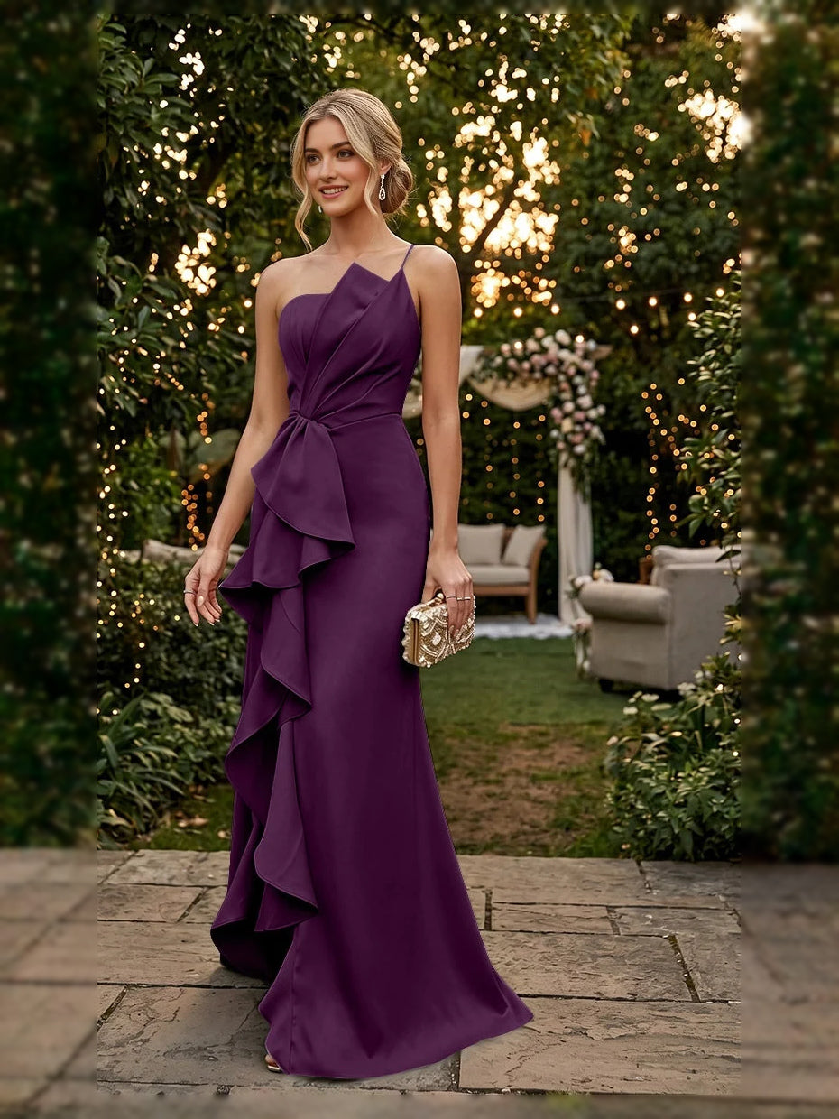 Grape purple ruffled one-shoulder mermaid satin prom dress with layered ruffle hem