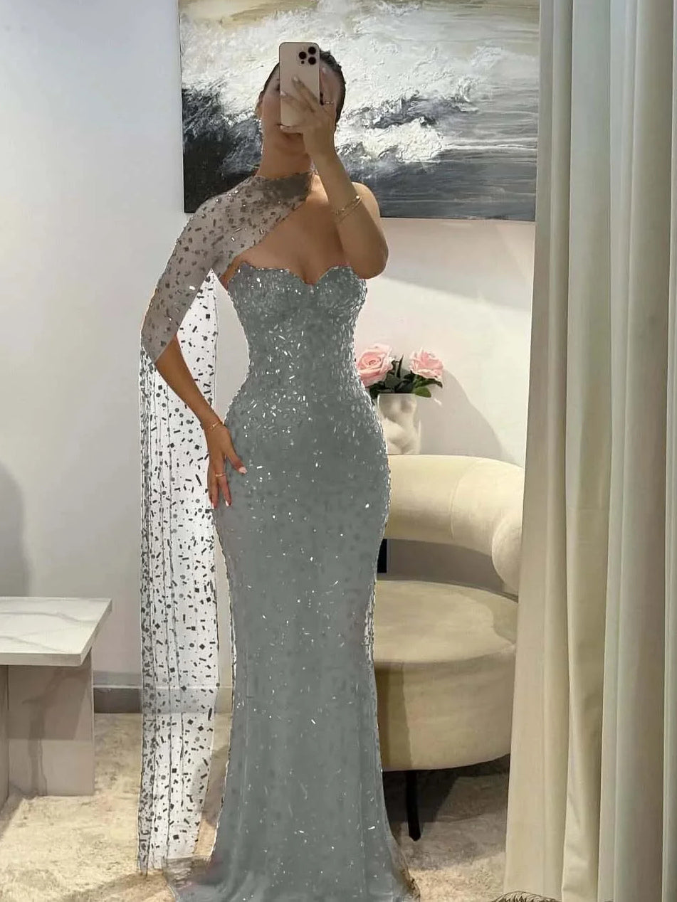 Grey sequin sweetheart mermaid prom dress with cut-out back, floor-length