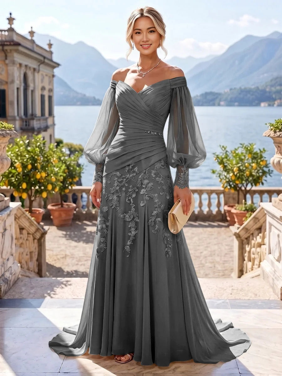 Grey ruched off-shoulder mermaid gown with floral lace and sheer sleeves